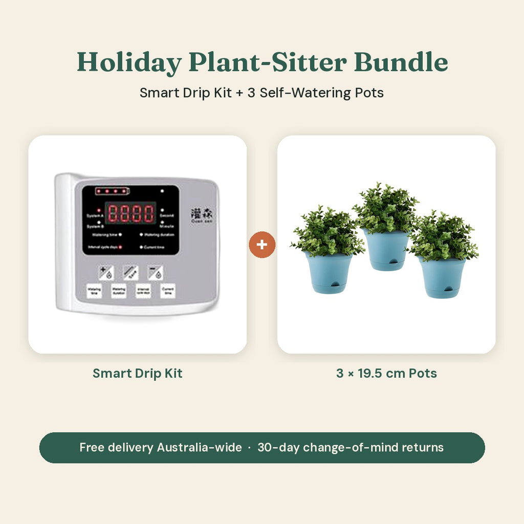 Holiday Plant-Sitter Bundle: Smart Drip kit plus three blue 19.5 cm self-watering pots