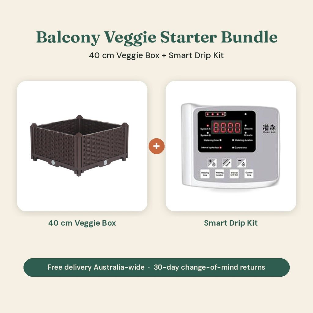 Balcony Veggie Starter Bundle: 40 cm raised veggie box plus Smart Drip kit